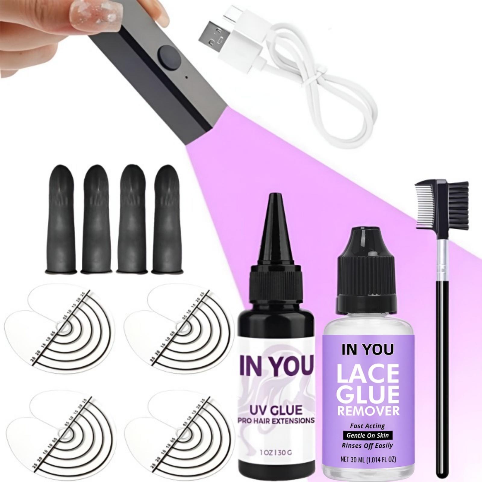 

Professional All-in-One UV Hair Extension Tool Kit, Clear 30g UV Glue, 30ml Remover, Fast Curing UV Lamp for Wig Eyelashes Salon Home Hairdresser Use A set