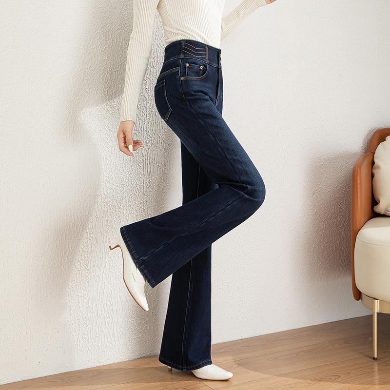 Winter high-waisted embroidered flared pants Korean version thickened and velvet slightly pulled jeans women's hip length