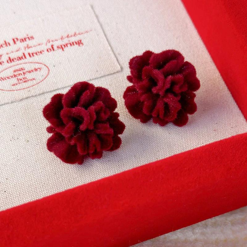 Red Flocking Flower Stud Earrings for Women Trendy Fold Petal Big Earrings Wedding Party Lucky Personality Jewelry Girls Gift