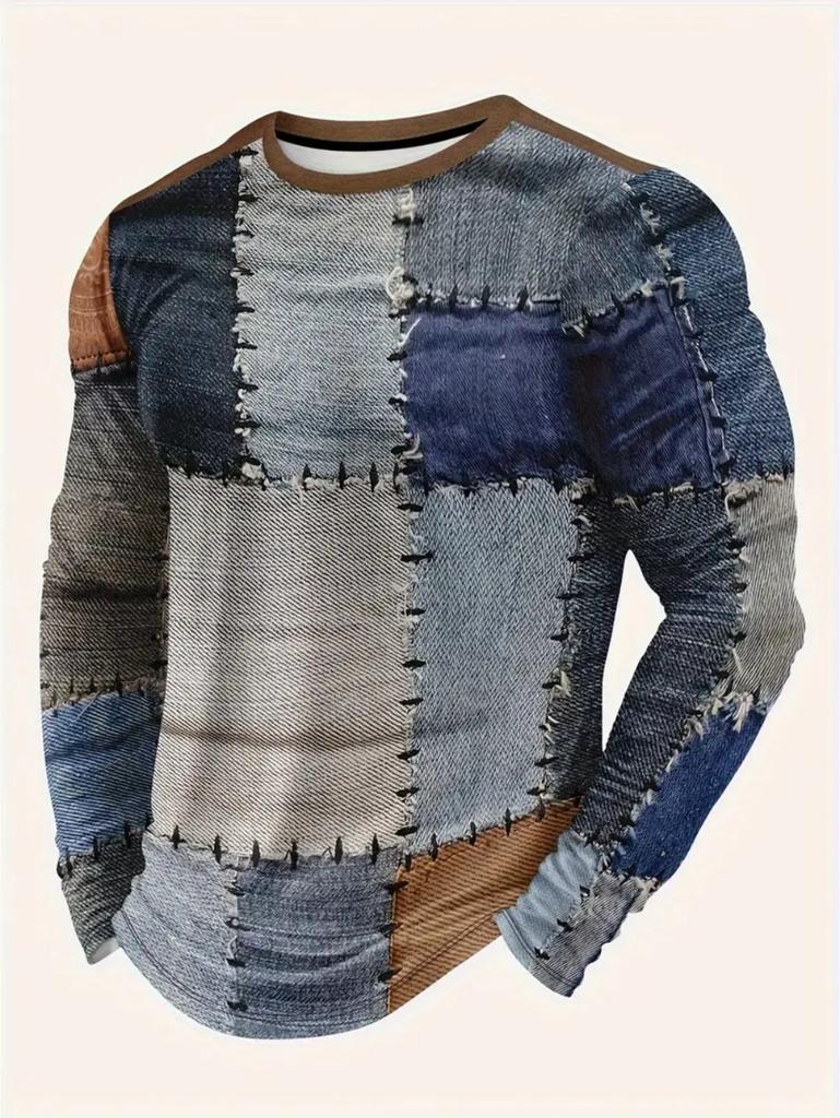 Vintage T-Shirt for Men Patchwork Grid Graphic T Shirts 3D Print Long Sleeve Tee Oversized Man Clothing Tops Creative Clothing