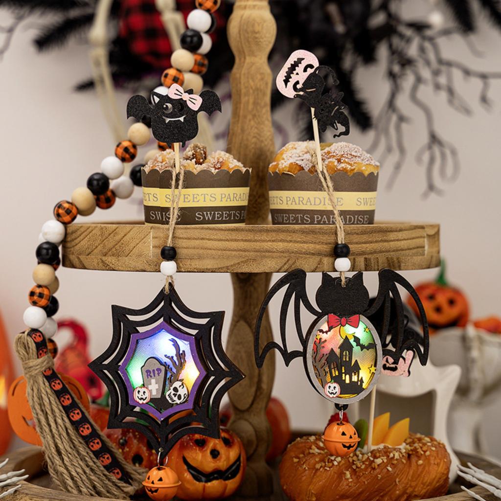 Halloween Wooden Light Hanging Pendant Ghost Festival Atmosphere Layout Glowing Horror Spider Pendant