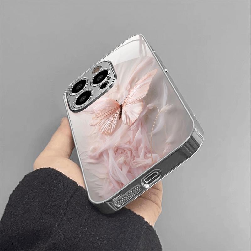 Rožinis drugelių raštas, dengtas sidabru, stiklinis telefono dėklas, skirtas iPhone 17 16 15 14 13 12 11 Pro Max 14 15 Plus 16E 17 Air Cover