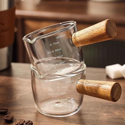 75ml/210ml Coffee Cup with Dual Spouts Glass Graduated for Italian Espresso Extraction Wooden Handle Milk Cup Shot Ounce Cups