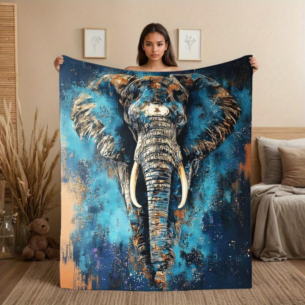 

Blue and golden elephant design Flannel printed blanket suitable for all seasons suitable for living room office sofa and travel 75x100cm