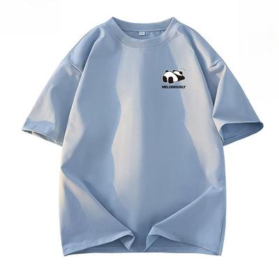 Summer Loose Fit Cotton T-Shirt with Panda Graphic Print and Five-Minute Sleeves