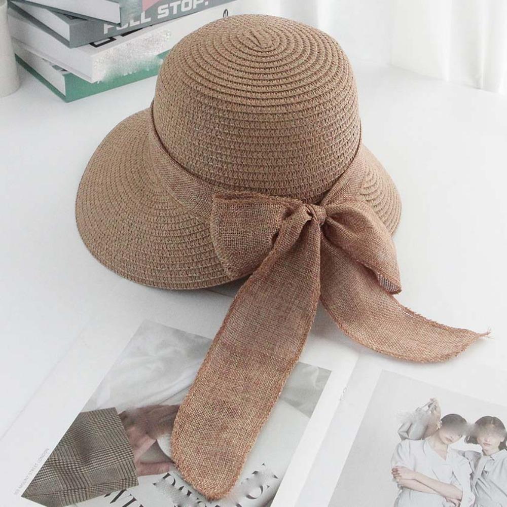 Breathable Big Brimmed Woven Cap Portable Bow Fisherman Cap Foldable Bucket Hat  Spring