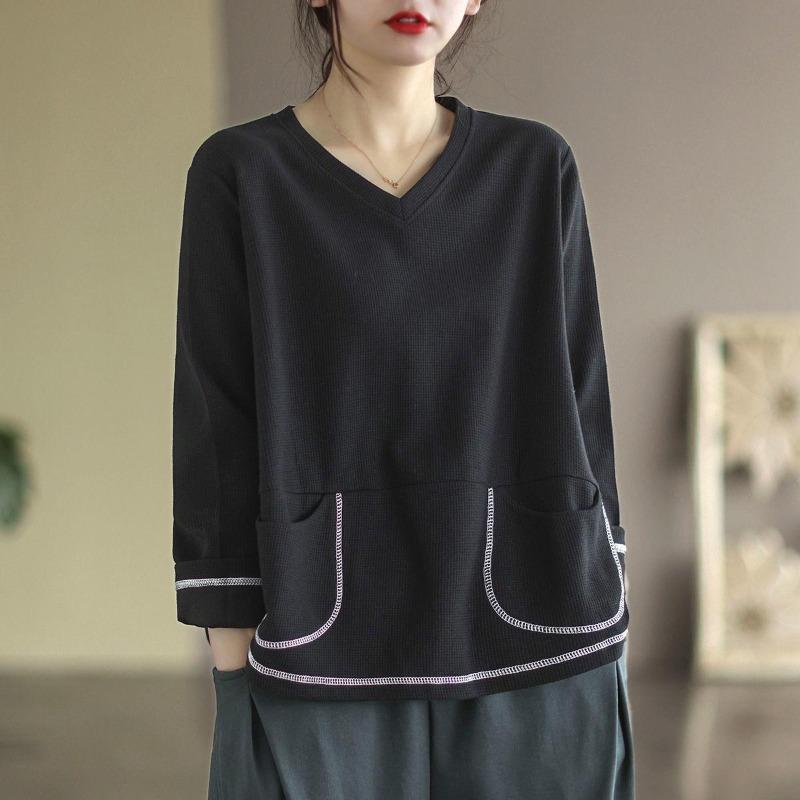 

Women Fashion Waffle Design Long Sleeve T-shirt Casual Loose Pullovers Spring Summer Trend Thin Loose V-Neck Tshirt XXXL чорний