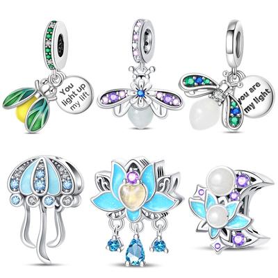 Série à Changement Lumineux Couleur Cuivre - Perles Lotus Bleu S'adaptent Bracelet Pan Charme DIY Pour Femmes Bijoux Mode Cadeau