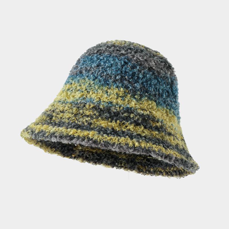 

Ветрозащитная и теплая шапка для женщин, японская ретро, контрастная, градиентная, радужная вязаная шапка-рыбак, зимняя шапка-ведро One Size