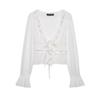 2026 Womens Embroidered Layered Tulle Long Sleeve Shirt White V Neck Casual Top