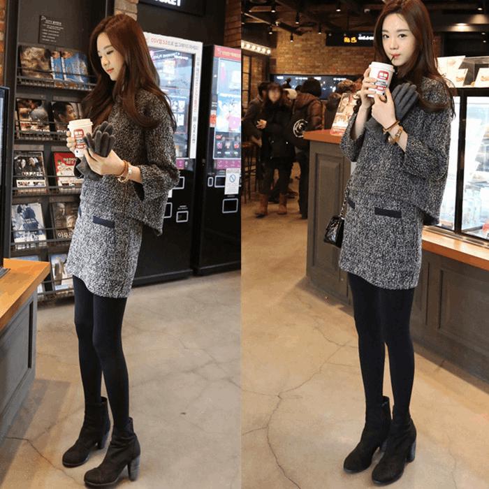 Korean Style Slim Fit Elastic Waist Woolen Skirt Suit - Winter Two-Piece