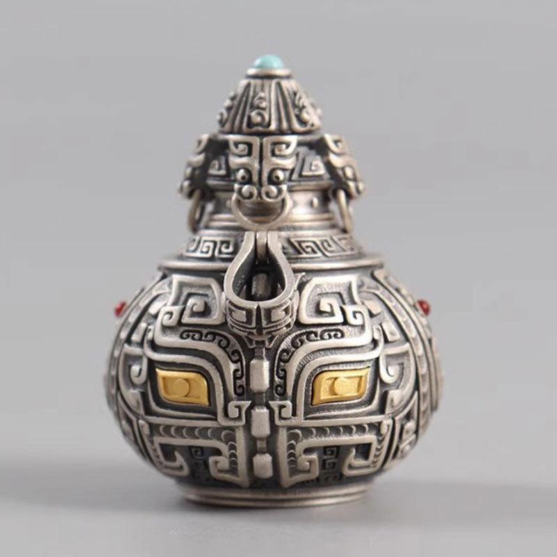 

Necklace Taotie Pattern Gourd Hidden Vintage Fine Carving Pendant 50CM(Necklace Size) срібний