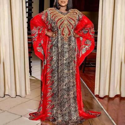 Women Plus Size Crew Neck Leopard Print Bat Long Sleeve Dresses