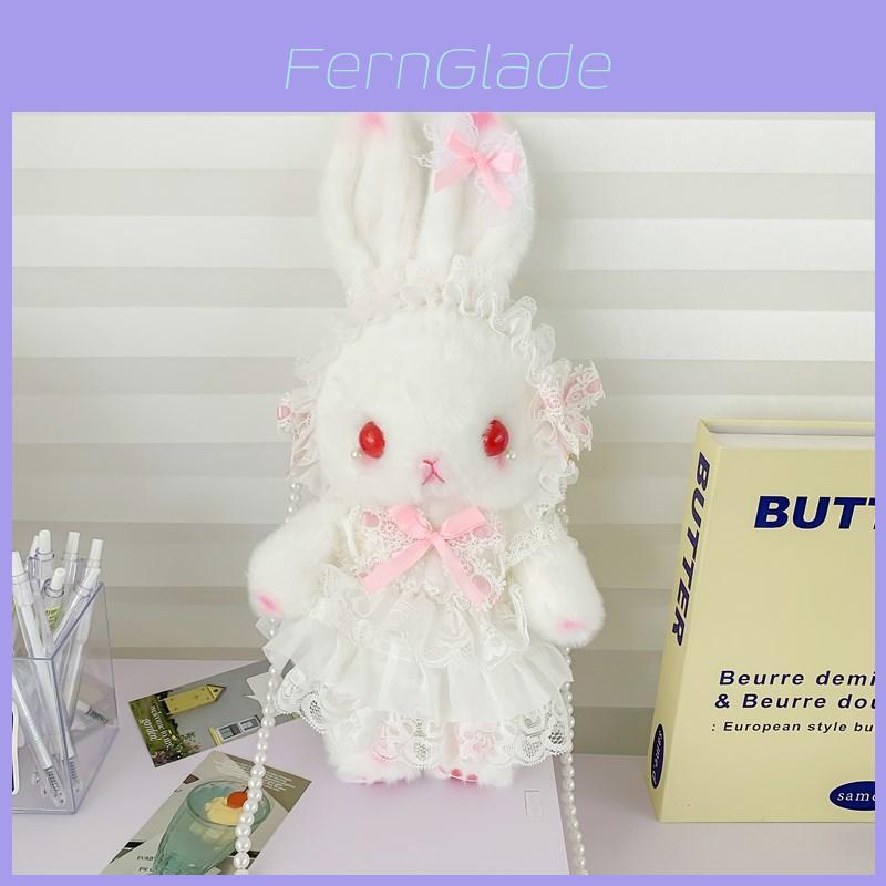 Plush Rabbit Lolita Shoulder Bag With Lace Bow Design And Faux Pearl Shoulder Strap For Daily Use