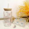 500ml Cute Bow Glass Cup Bow Bear Pattern Water Bottle Coffee Cups With Lids Straw Brush Valentine's Day Party Gift