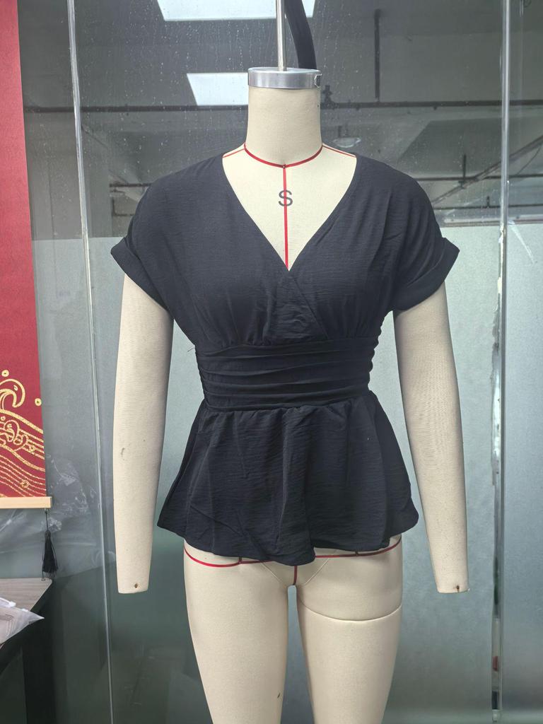 Spring/Summer Women's V-Neck Waist-Cinching Raglan Sleeve Pleated Hem Top