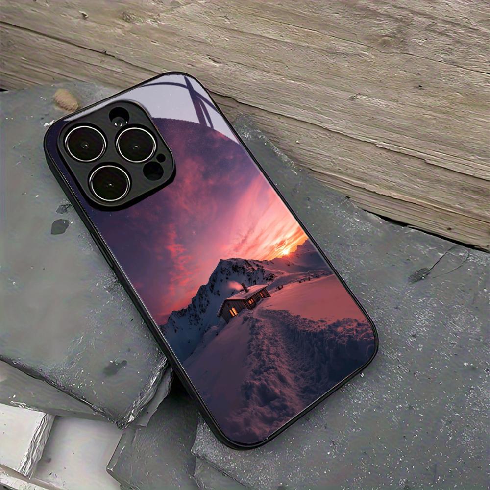 Winterabend Schnee Szenerie Glas Handyhülle für iPhone 17 16 15 Pro Max 14 Plus 13 12 11 Anti-Fingerabdruck Schutzhülle