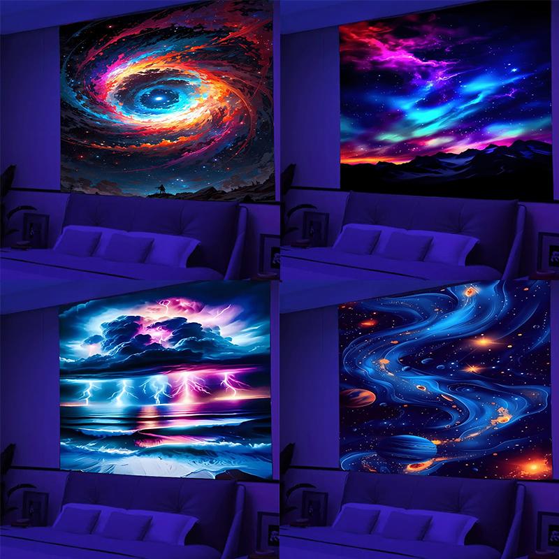 Ultraviolet cosmic vortex luminous tapestry, indoor mood to create atmosphere, psychedelic luminous art, bedroom decoration