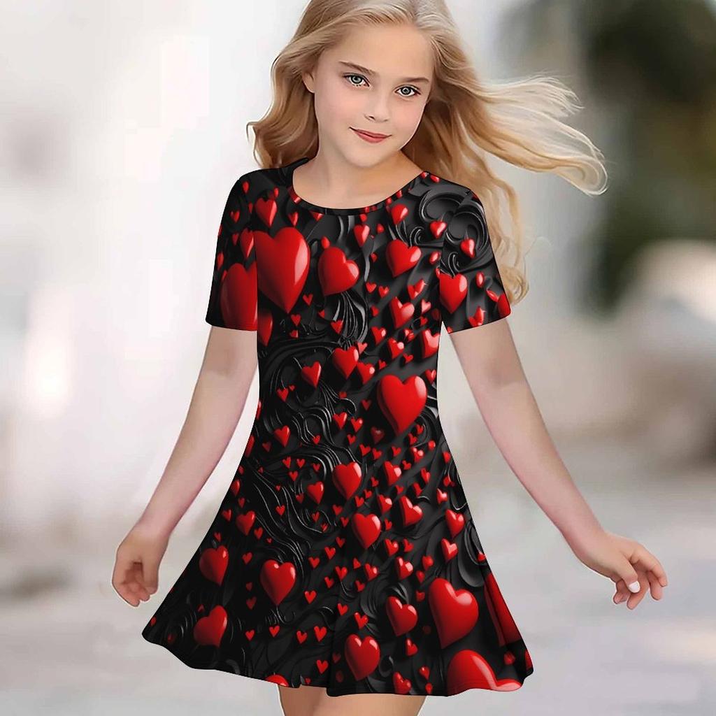 Vestiti Stampati 3D per Bambine Vestito da Festa Corto Manica Corta Principessa Bambina Canotta con Stampa 3D a Forma di Cuore
