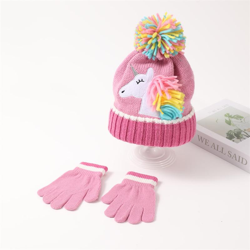 Unicorn Beanie Mittens Set for Kids Girl Cute Fashion Plush Fleece Lined Winter Hat with Gloves Cartoon Animal Ear Thermal Set