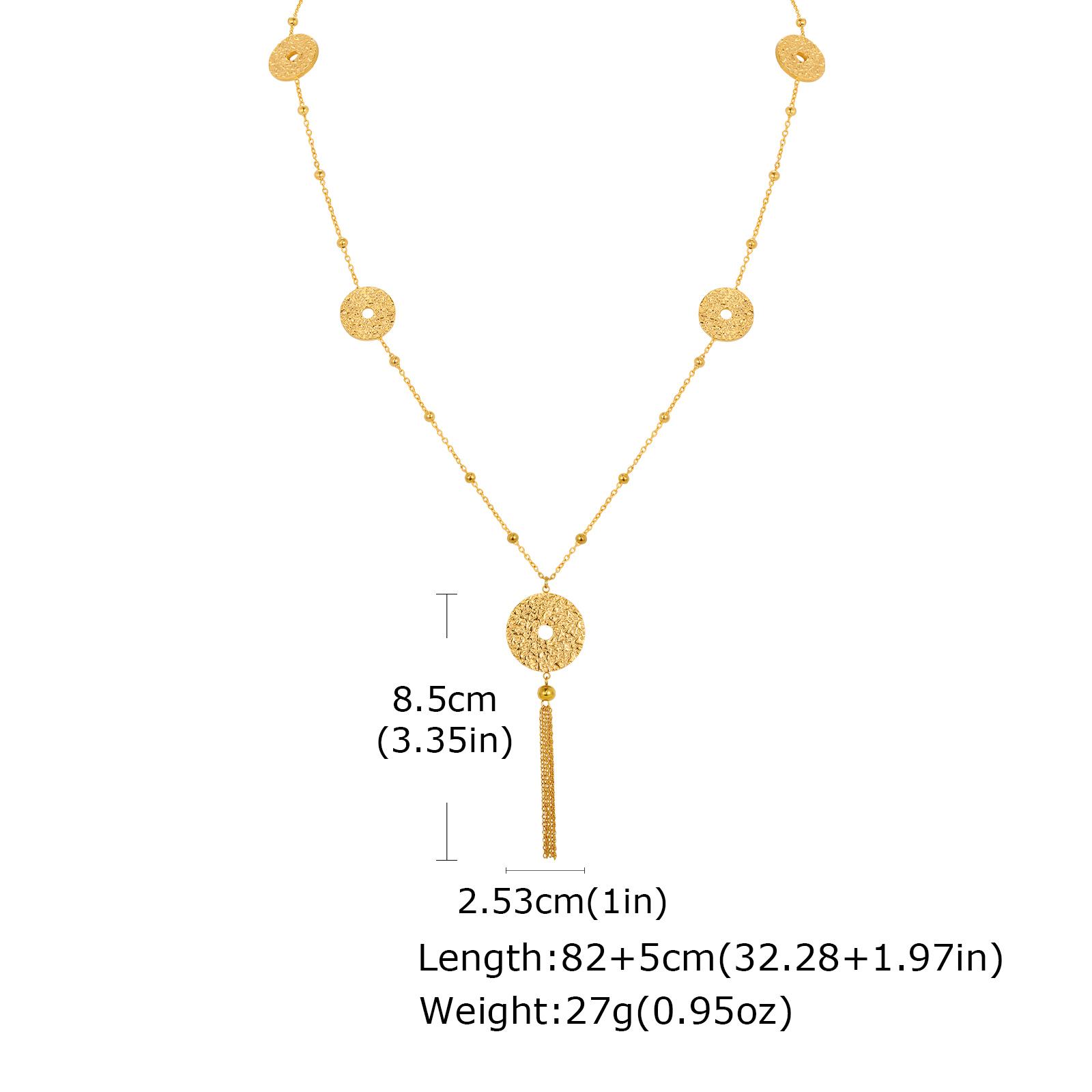 

Hollow Pleated Round Plate Y-shaped Necklace for Women, Stainless Steel Beads Chain Tassel Pendant Necklace, Exotic Jewelry