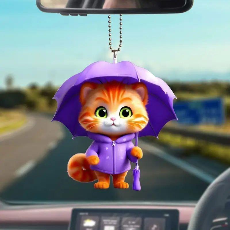 Umbrella Holding Cute Cat Pattern Acrylic Pendant For Car Decor Accessories