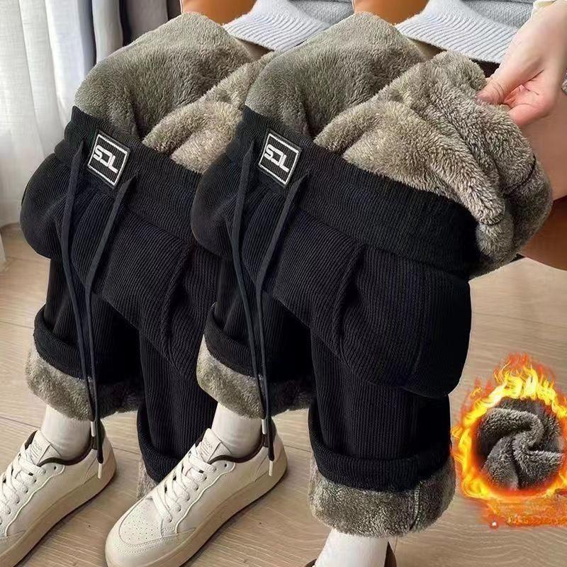 Autumn Winter Korean Fashion Fleece Women Thicken Pants Corduroy Solid Color Drawstring Elastic Waist Casual Warm Straight Full Trousers