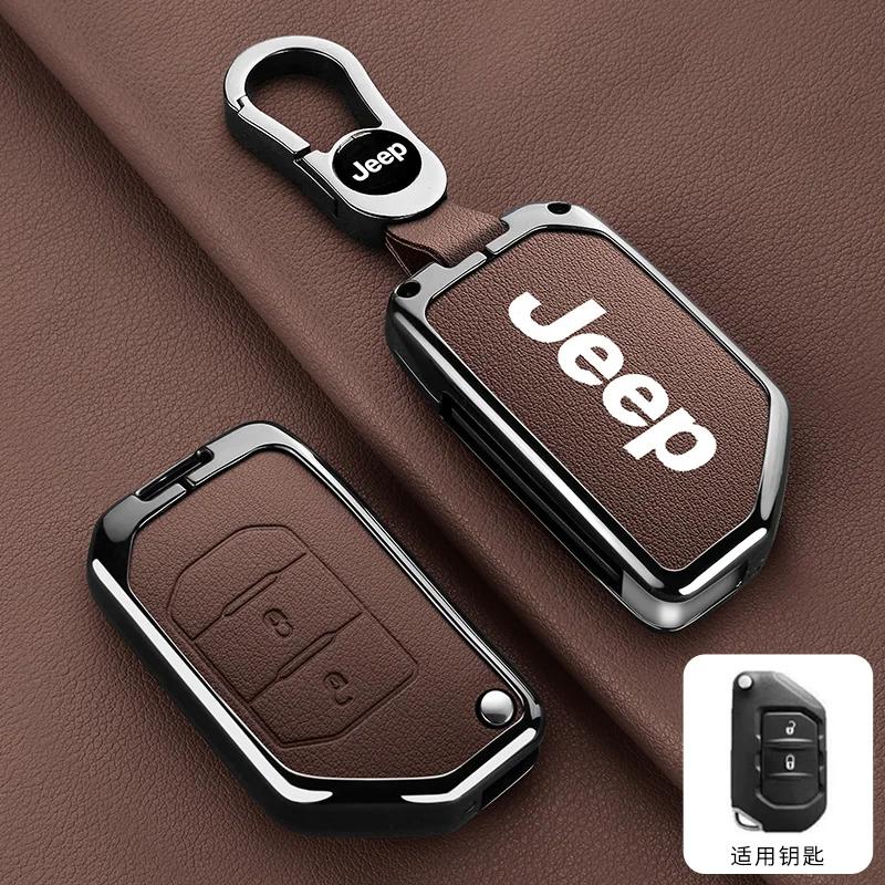 For Jeep Metal Leather Car Key Case Cover Shell Keychain for Jeep Wrangler Gladiator JL JLU Rubicon Sahara JLU JT 2018-2022 A