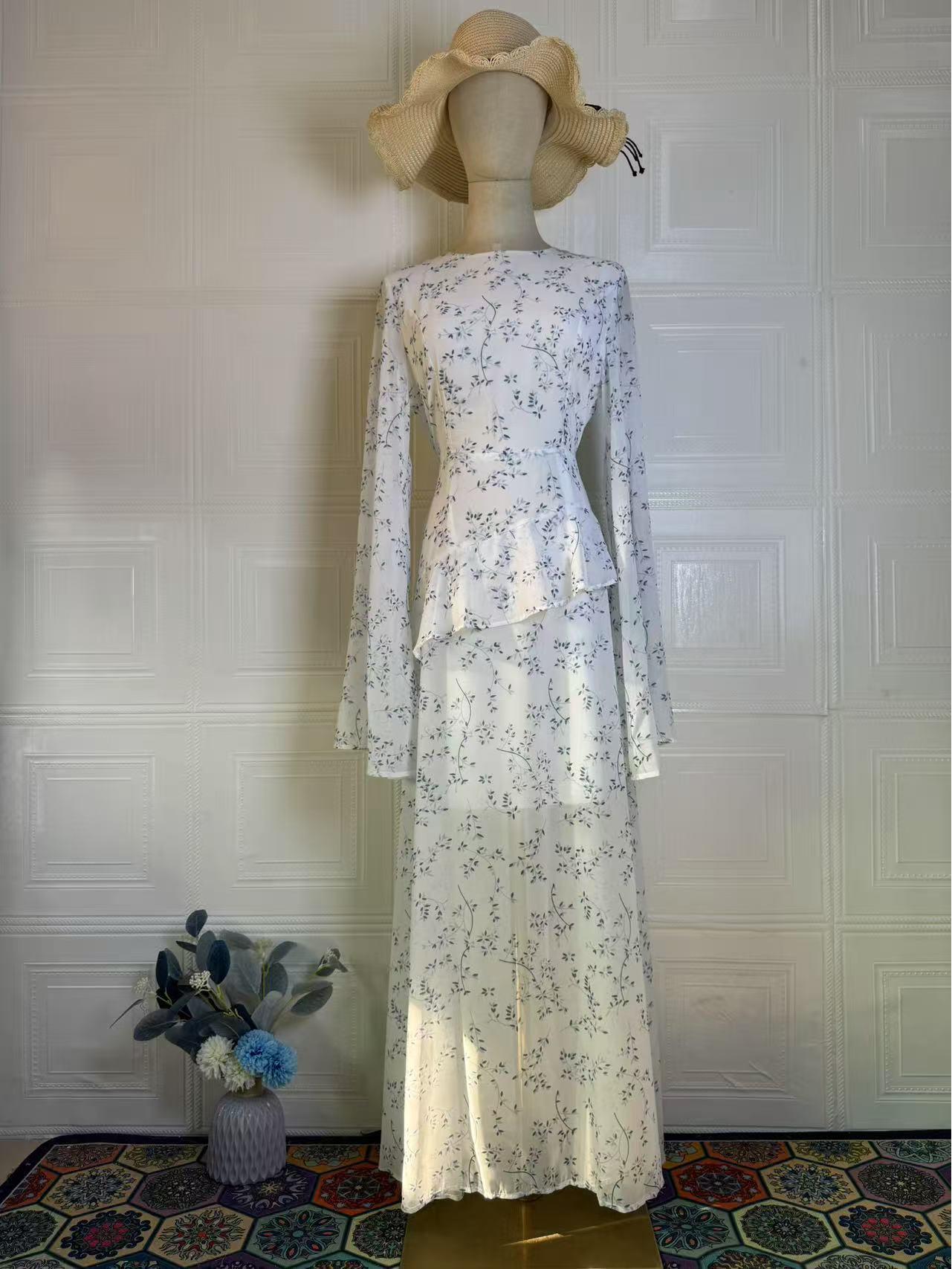 

2025 Spring Elegant Floral Long Sleeve Dress for Women - Soft, Sweet, and Comfortable L белый