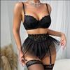 Cross-Border European & American Sexy Lingerie: Lace Mesh Bikini, Three-Piece Set with Fluffy Skirt & Garter Belt.