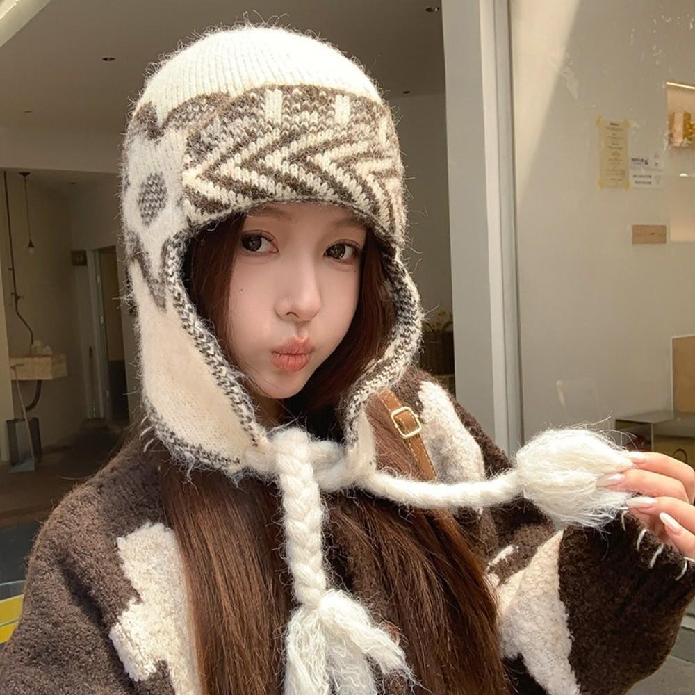 56cm To 58cm Ear Flap Hat Fair Isle Pattern Acrylic Wool Blend Hat Winter Knitted Hat Outdoor Wear