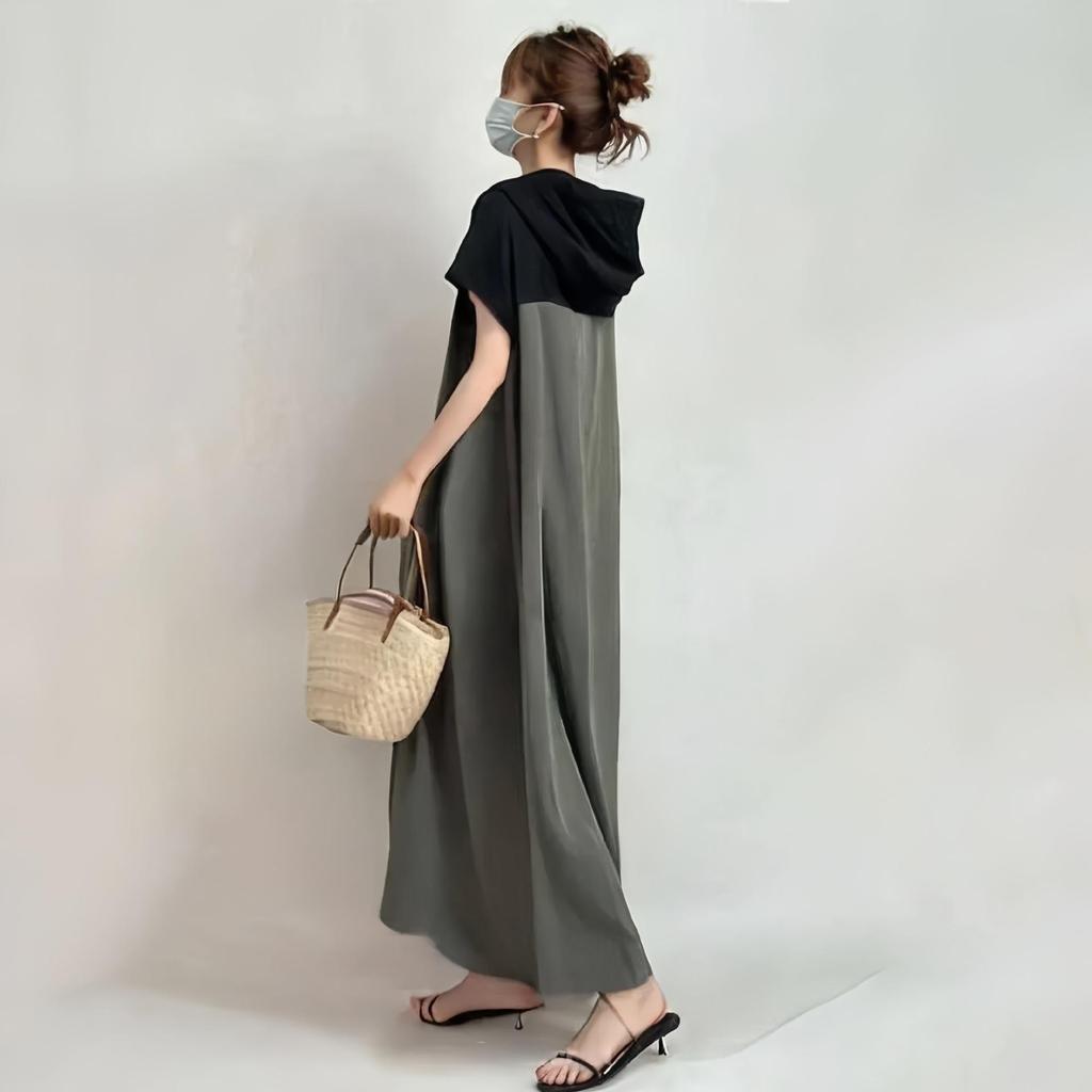 Summer 2026 Women's Japanese Style Hooded Patchwork Casual Loose Midi Dress with Short Sleeves