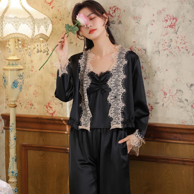 

Новая пижама с подтяжками, кардиган с длинными рукавами, брюки, пижамный комплект, женская атласная домашняя одежда, пижама из трех частей в стиле принцессы XL