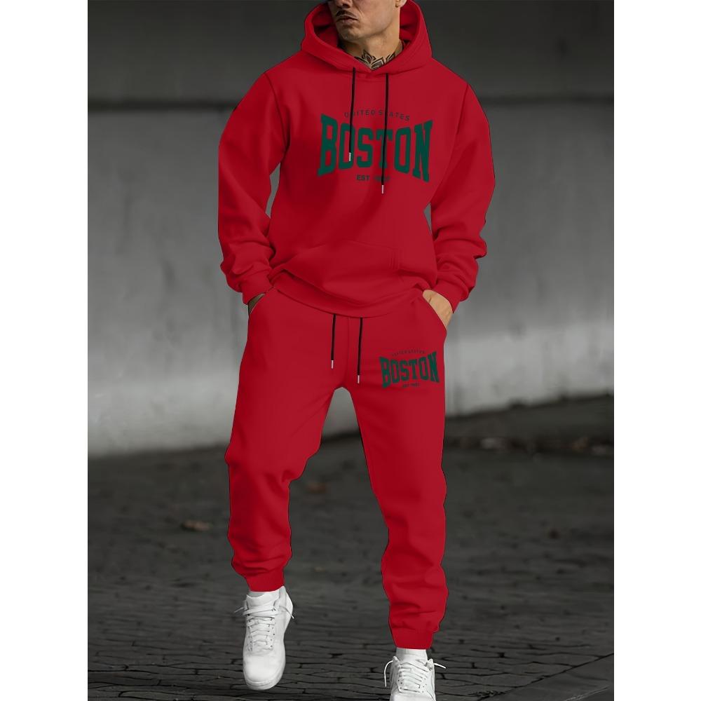 Men's Two Piece Casual Suit with Printed Drawstring Hoodie and Matching Drawstring Sweatpants, Suitable for Traveling