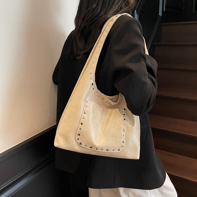 Women's Retro Rivet Solid Color Commuting Travel Shopping Tote Bag Versatile Large Capacity Shoulder Bag CLE