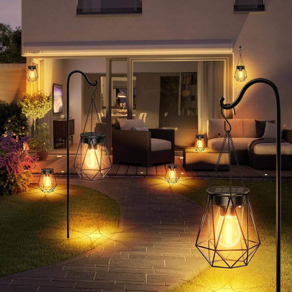 Solar Lights - 2 Pack Hanging Garden Lanterns,Metal Warm White Waterproof Outdoor Lanterns for Decoration,Pathway