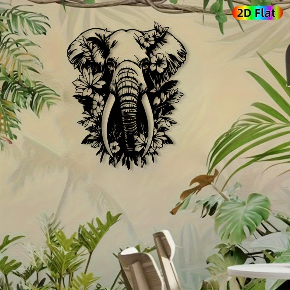 1pc Elephant Floral Metal Wall Art, Majestic Iron Decor Weather Resistant for Garden Fence Home Outdoor, Gift for New Year Easter Christmas Halloween