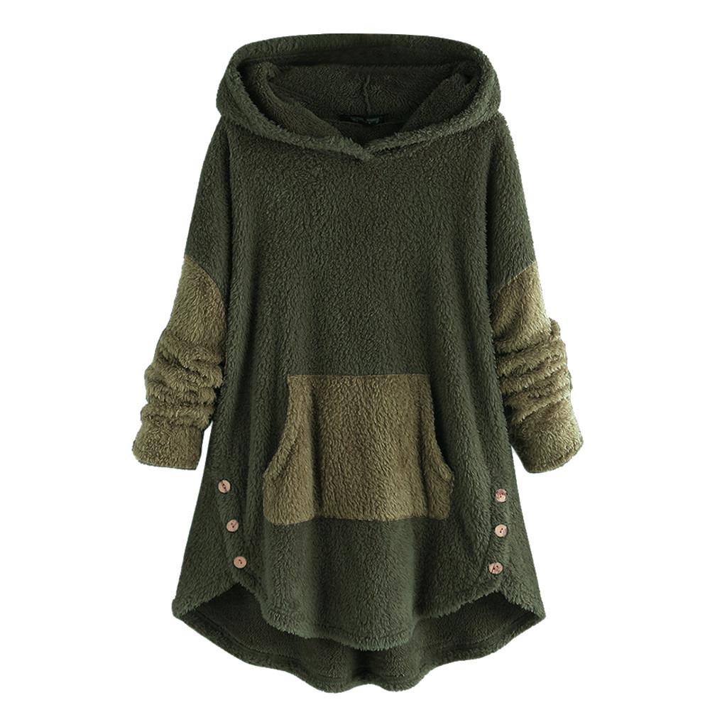 Women Fleece Patchwork Plush Button Hem Plus Size Hoodie Top Sweater Blouse