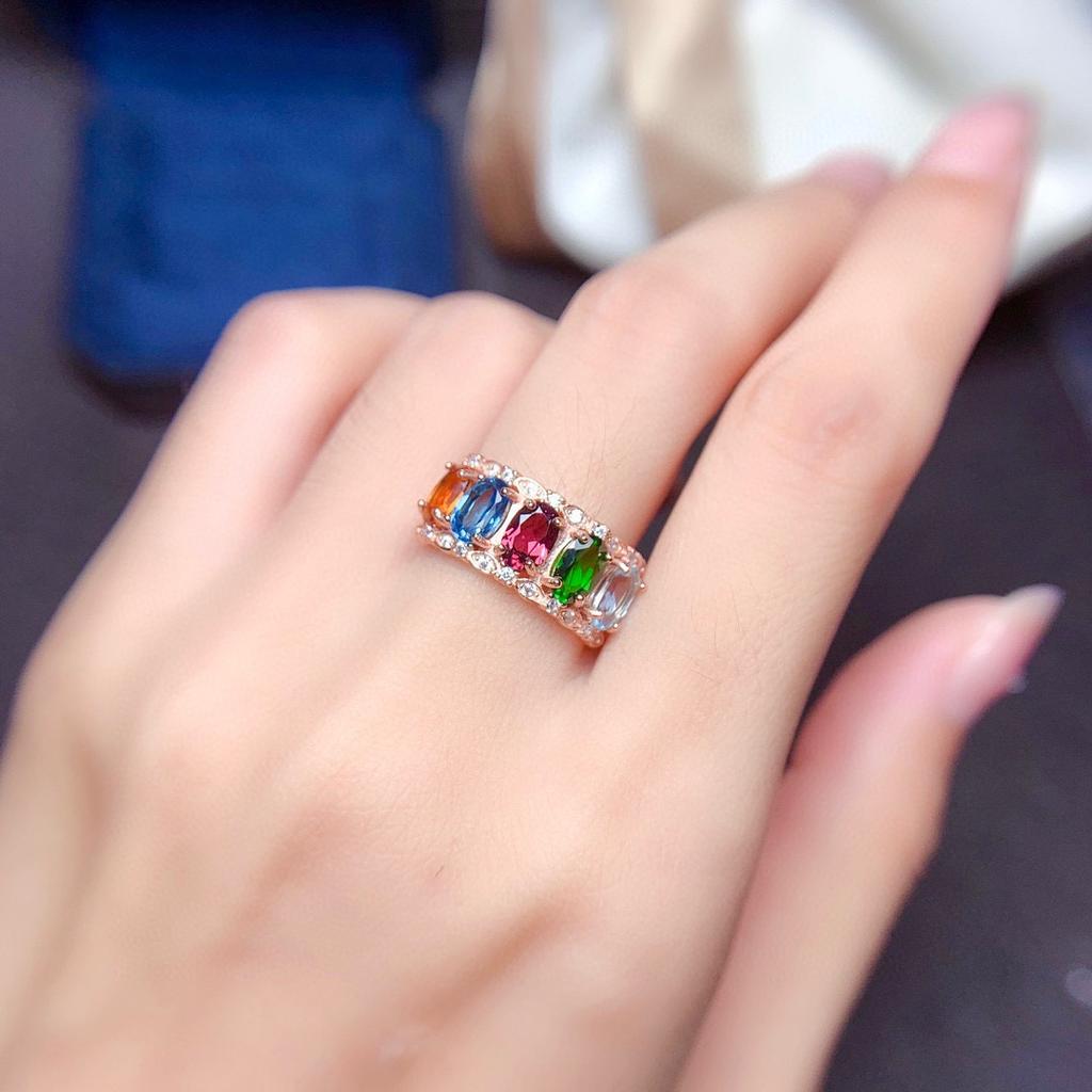 Drainage Welfare Model, Imitation Natural Multi-Treasure Crystal Ring, Women'S Volleyball Ring, Various Colored Treasures, Open Ring, Live Model.