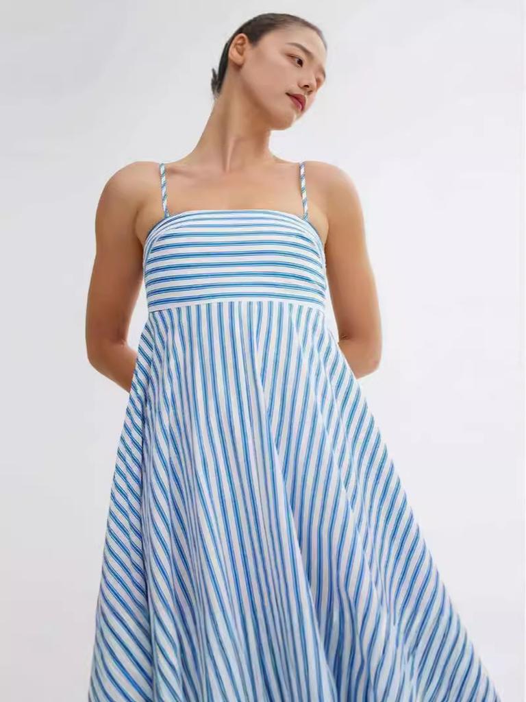 Summer New Sexy Strappy Printed Striped High Waist Wide Leg Dress