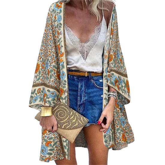 Women Cardigan Floral Print Batwing Sleeve Summer Bohemian Sun Protection Long Blouse for Daily Wear