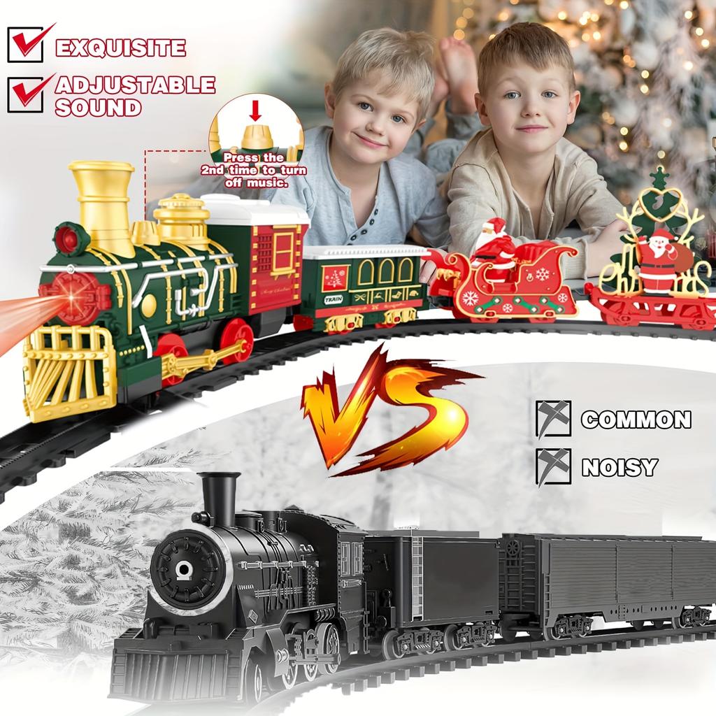 Christmas Tree Electric Train Tracks Set Santa Claus Cargo Cars With Xmas Sounds Lights Adjustable Toys For Adult New Year Gift
