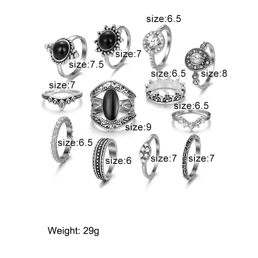 12pcs / Set Women's Crystal Ring Diamond Bohemian Punk Women's Ring Set Jewelry Ring