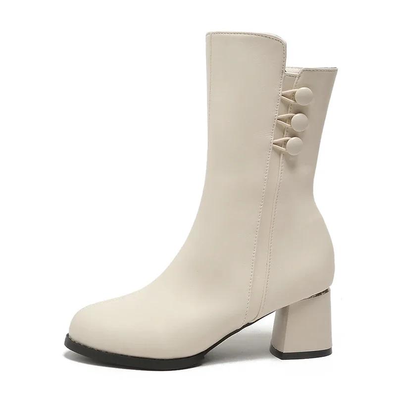 Fashion Shoes Female 2024 Hot Sale Mid-Calf Women's Boots Elegant Modern Boots Women Round Toe High Heels Buttons Side Zip Shoes Women