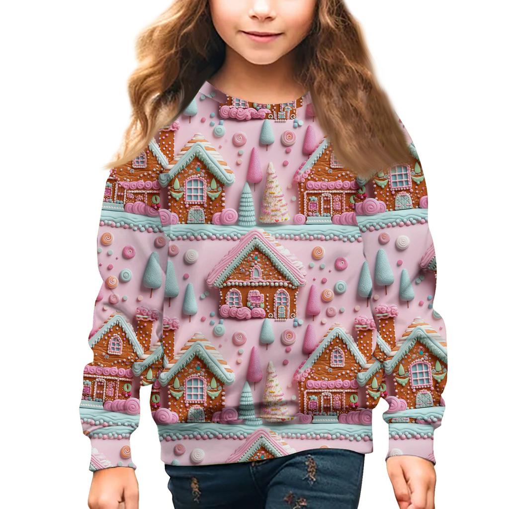 Girls Round Neck Pullovers For Kids Christmas Day Embroidery Printed Tops