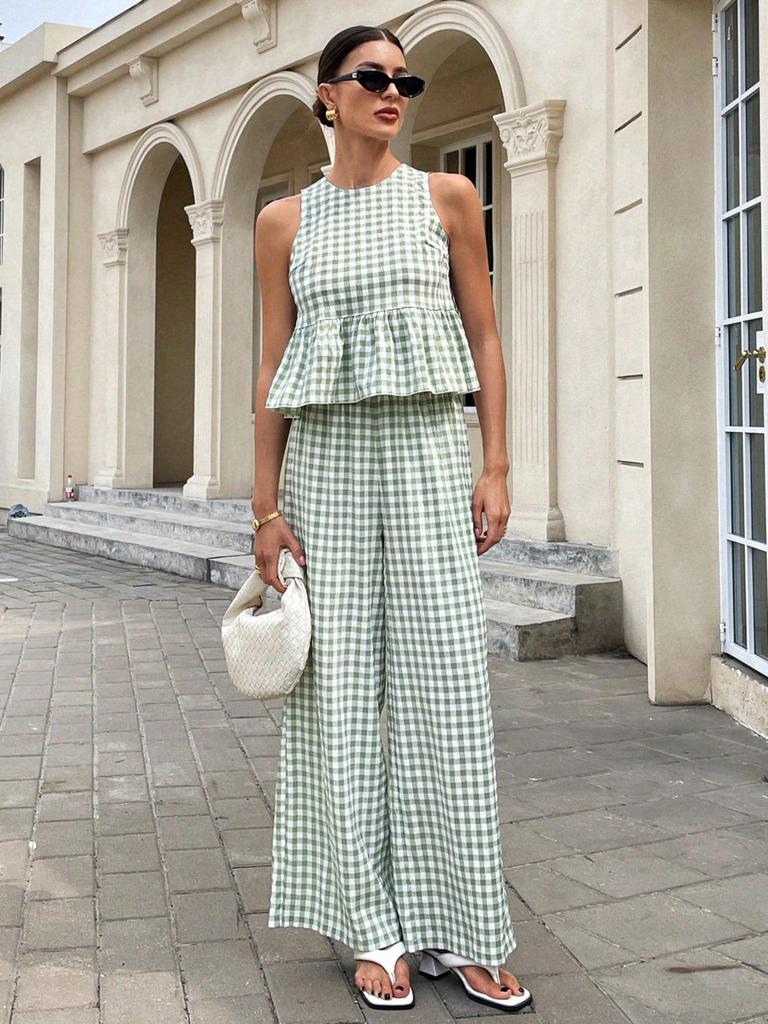 2026 Europe Casual Round Neck Sleeveless Ruffle Hem Top & High Waist Straight Long Pants