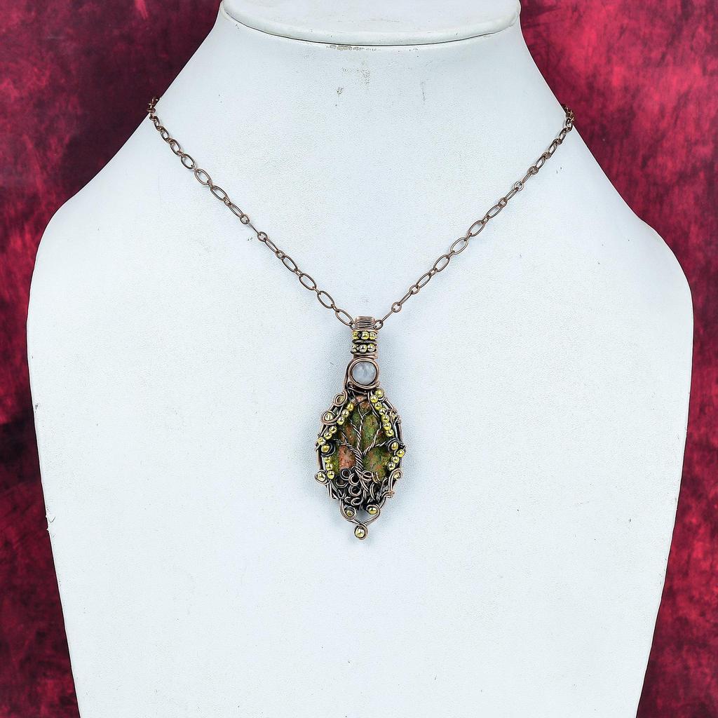 Tree of life unakite pendant copper wire wrapped rainbow moonstone pendant handmade gemstone pendant engagement gifts antique copper jewelry