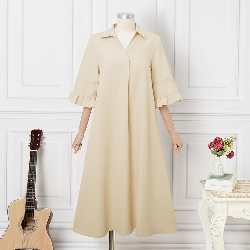 

VONDA Женское миди-платье с лацканами, рукавами до локтя, однотонное, плиссированное 4XL хаки