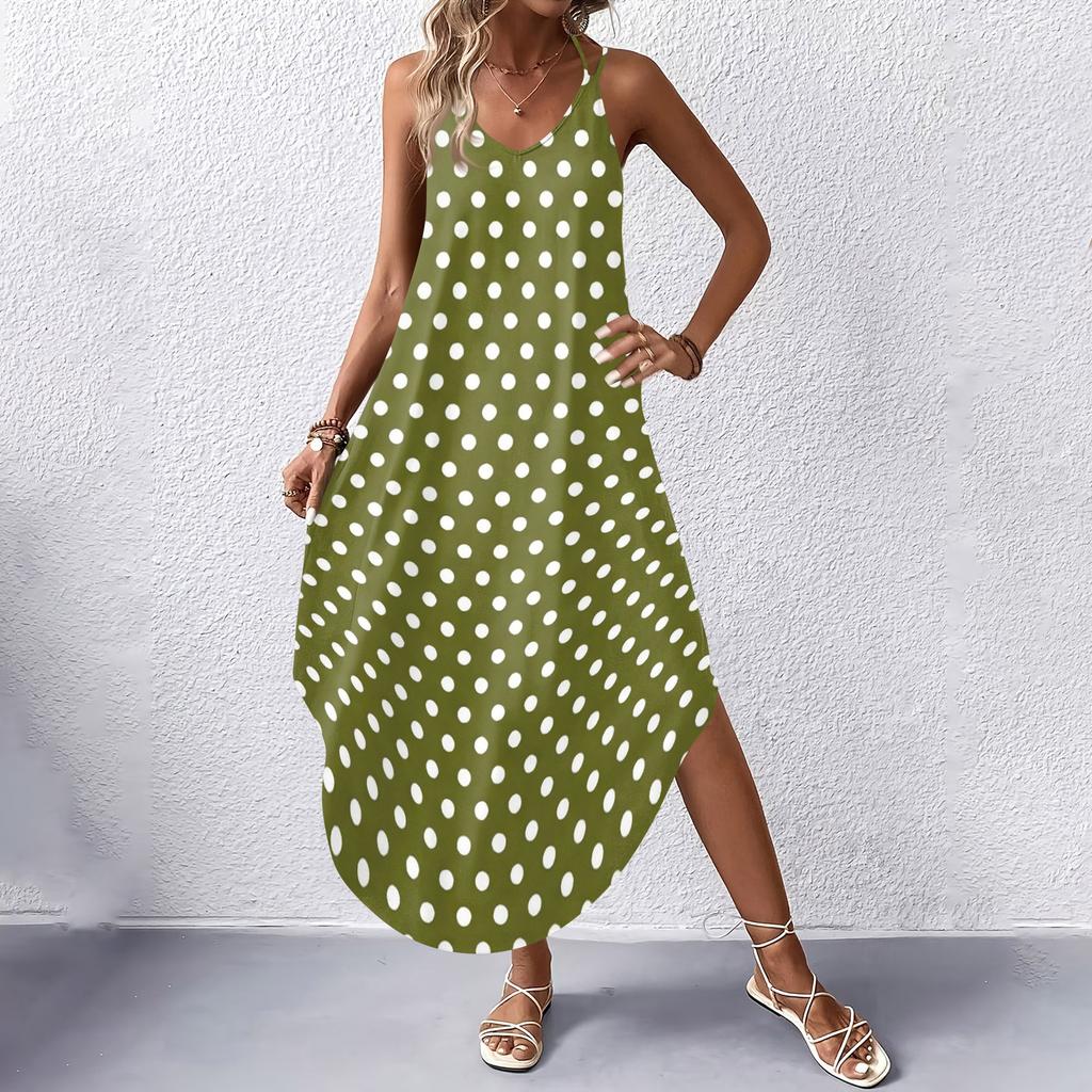 Women V Neck Polka Dot Printed Sleeveless Maxi Dress with Pockets Loose Fit Casual Beach Long Sundress for Summer