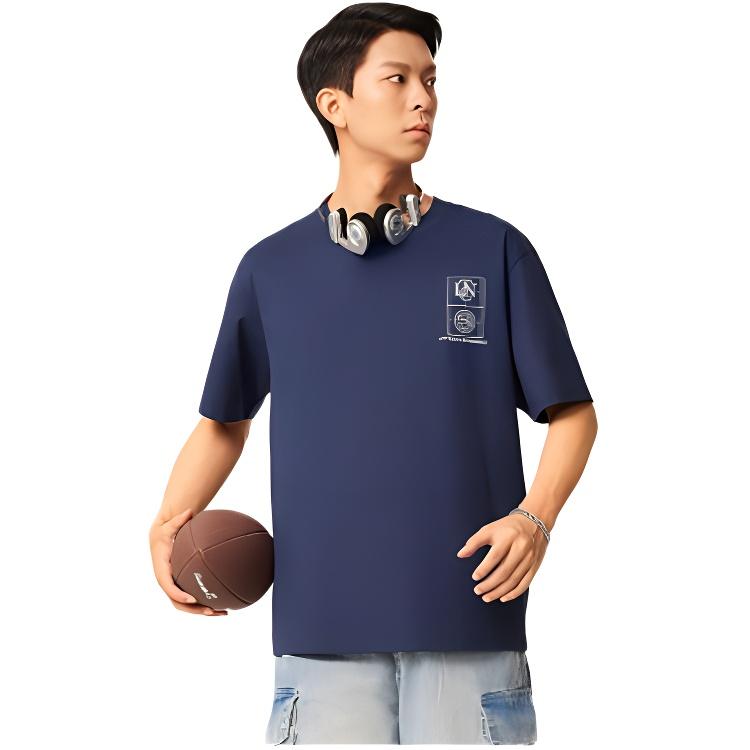 Li Ning Sports Lifestyle Series Letter Casual Simple Round Neck Pullover Short Sleeve T-Shirt Men T-Shirts Deep-Navy AHSV481-3